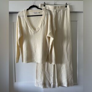 Cream V-Neck Sweater and Pants Set